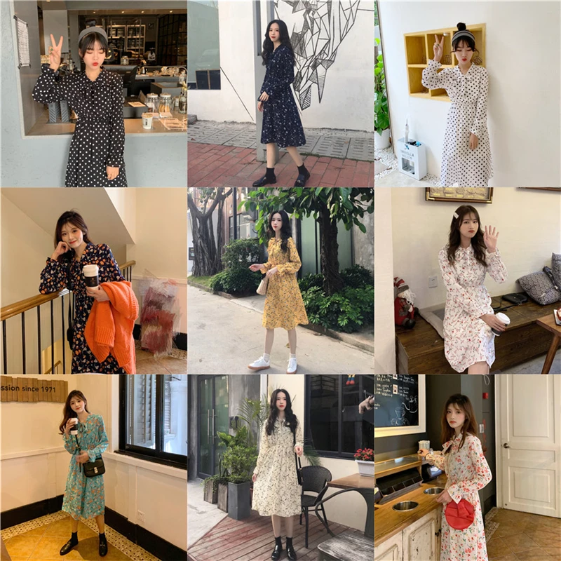 Chic Print Women Dress Casual Lace Up Kawaii Ruffles Sleeve Chiffon 2019 Spring Autumn A-Line Knee Length | Женская одежда