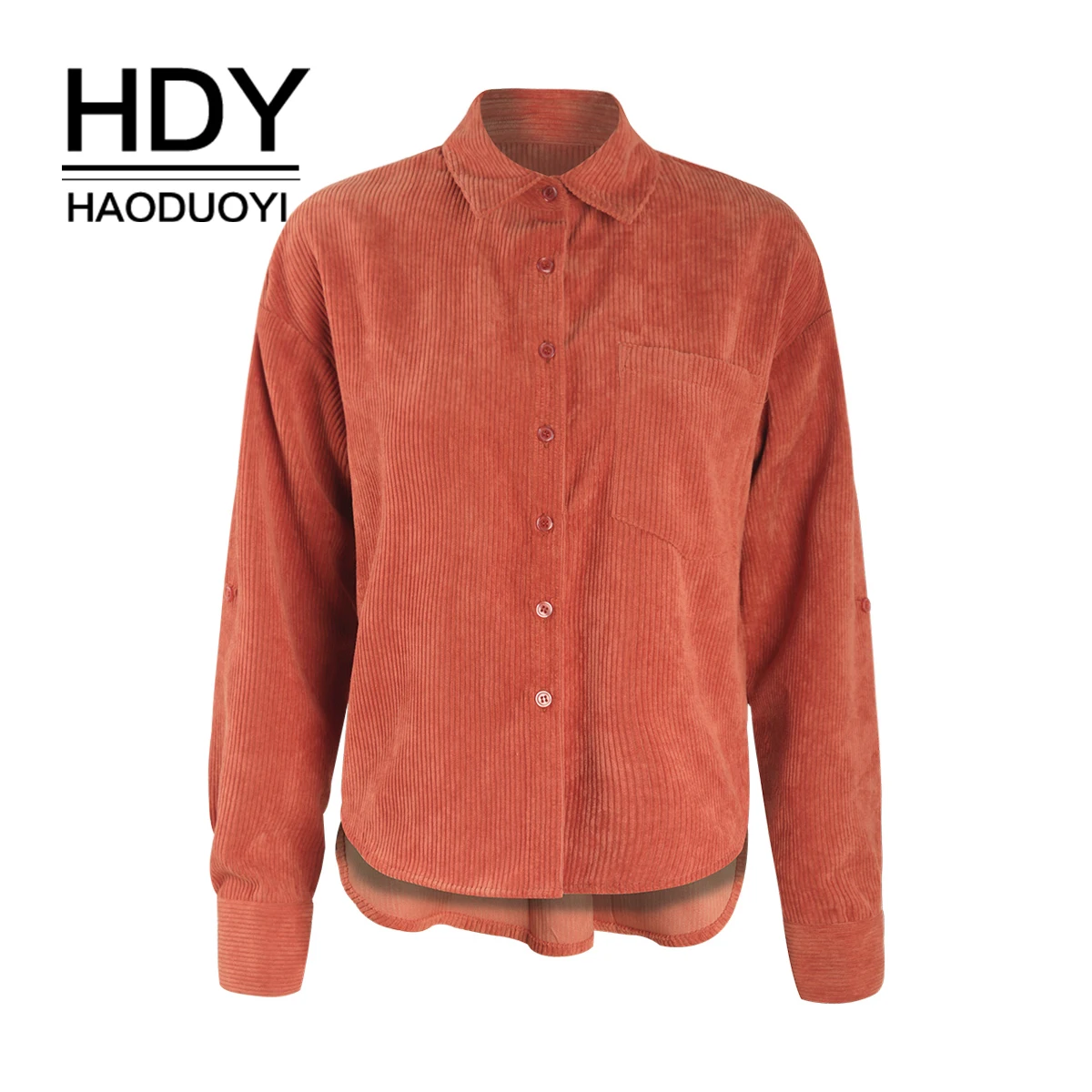 HDY Haoduoyi Pure Corduroy Collar Long Sleeve Shirt |