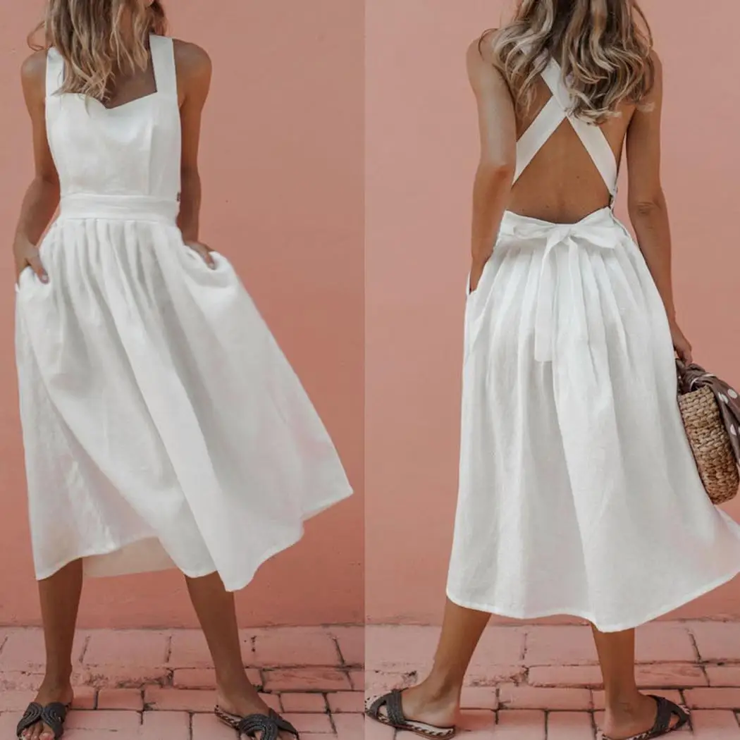 Женское повседневное твердое платье на бретельках без рукавов с открытой спиной