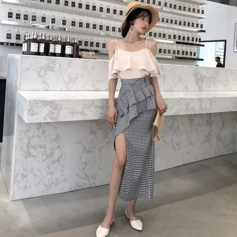 Lychee/Женская клетчатая Асимметричная летняя юбка с оборками длинная высокой