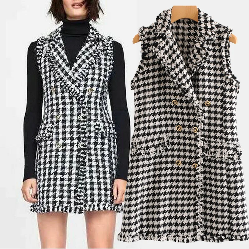 Осеннее уличное повседневное женское клетчатое твидовое платье двубортное