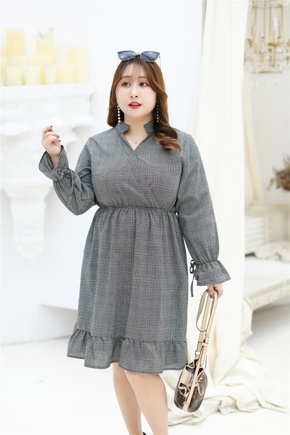 Женское клетчатое платье MINSUNDA повседневное эластичное с v-образным вырезом и