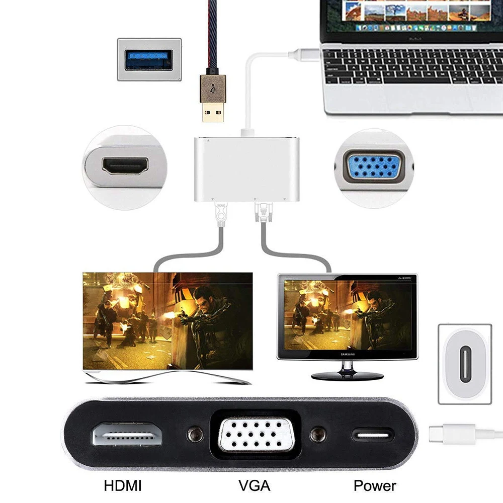 OPQ-Usb-C Usb 3 1 Type C к Hdmi и Vga Usb3.0 Otg &amp Женский аудио адаптер для ноутбука | Электроника