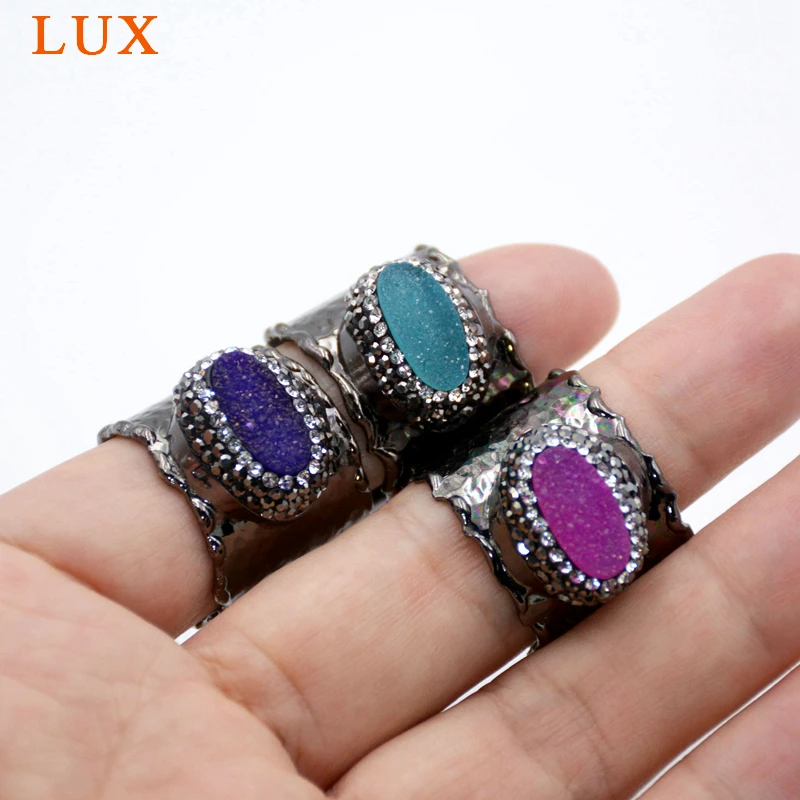 

5PCS Natural druzy marquise shape agates drusy jewelry pave rhinestone jewelry black band ring fashion girls gift