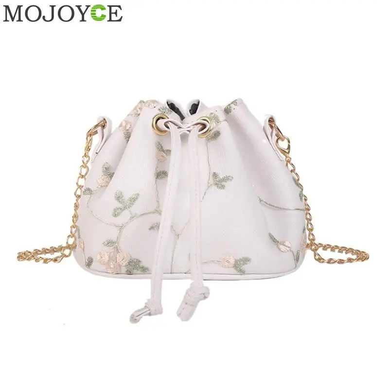 

Lace Flower Print Bucket Bags Mini Shoulder Bags With Chain Small Cross Body Bags Leaves Decals