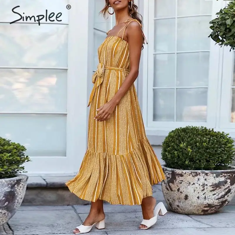 Simplee богемное Полосатое женское хлопковое льняное платье Элегантное летнее с
