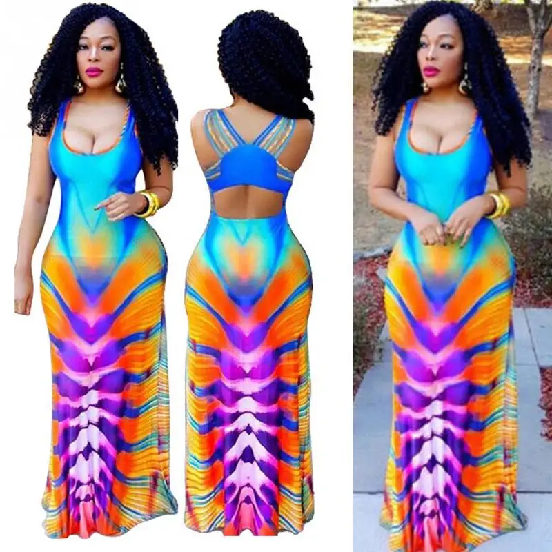 2019 New Fashion Summer Women strip sleeveless Gradient color Casual Long Dress Beach Party Maxi #20 | Женская одежда