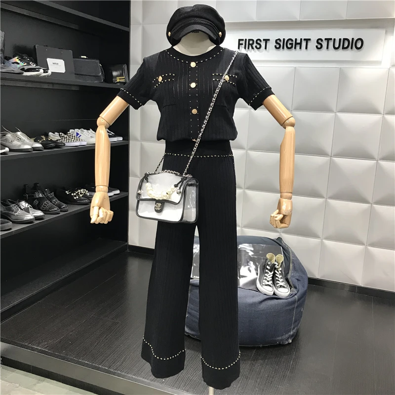 Комплект из 2 предметов с широкими штанинами Женская Золотая кнопка вязаный