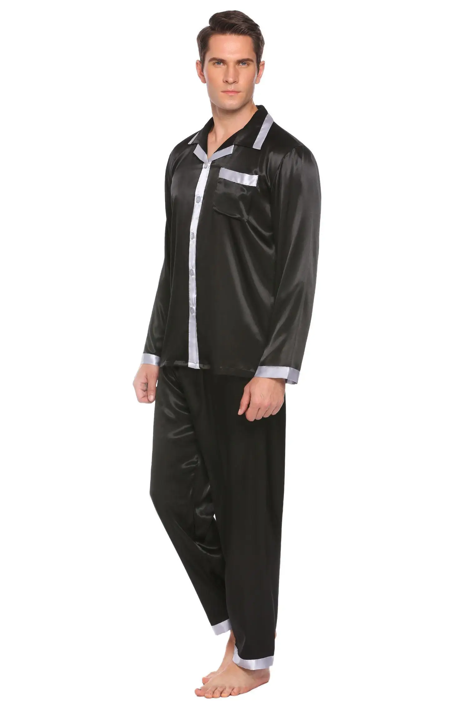 Men Sleeve Waist Turn Color 186cm 98cm 76cm Hip HOTOUCH Long Set Pajama 100cm Bust Contrast Height Satin Down Collar | Мужская одежда