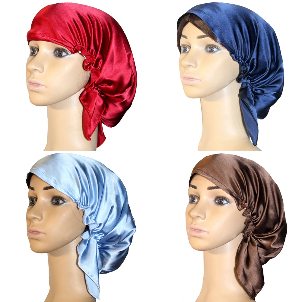 

New Women Night Sleep Cap Adjustable Ladies Soft Silk Long Hair Care Bonnet Headwrap Hat Soft Satin Hat Accessories Satin Hat