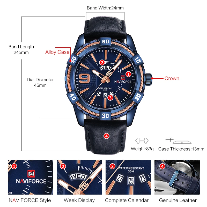 Naviforce Мужская Мода творческий Элитный бренд часы Спортивные Для мужчин кожа