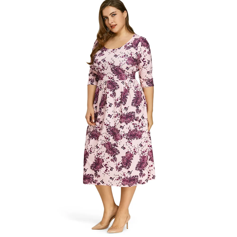 2019 Весна Женщины A Line Midi Dress Плюс Размер Цветочный Принт 3/4 Длина Рукава Осень