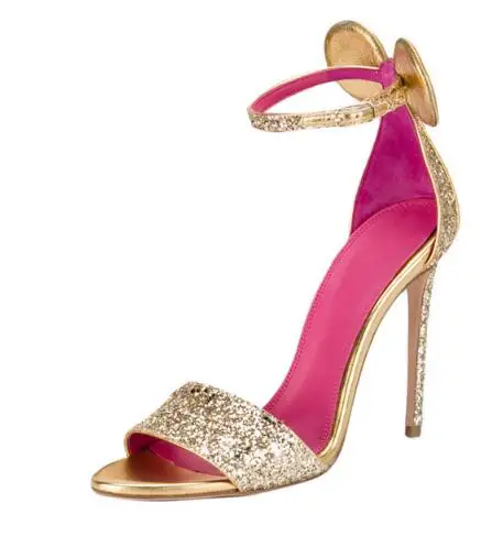 Босоножки на шпильке с блестками пикантные свадебные сандалии бантом бабочкой