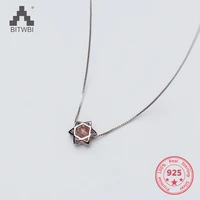 korea new style 925 sterling silver simple fashion chic hexagram strawberry quartz pendant box chain necklace jewelry for women