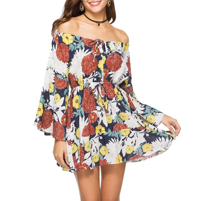 5 Color Bohemian Style Boho Holiday Off Shoulder Dress Casual Floral Print Mini Sundress Long Flare Sleeves Summer Ruffles | Женская