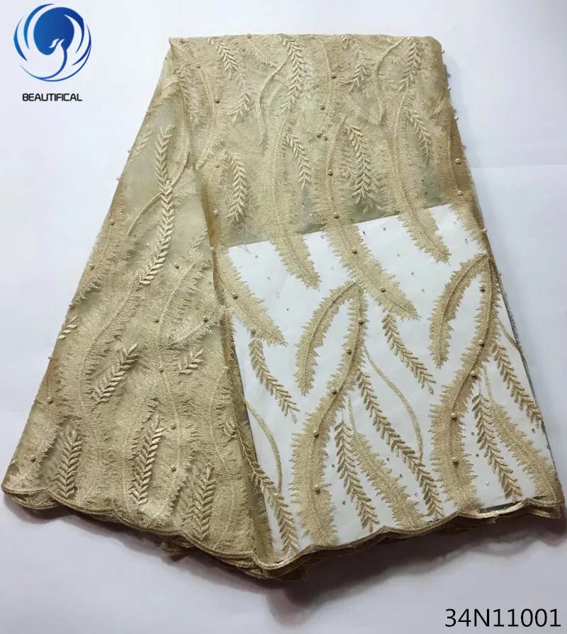 Красивая кружевная ткань в нигерийском стиле из золотого тюля одежда