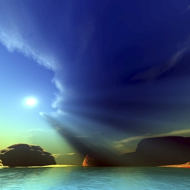 Лучи от солнца светят вниз на этом красочном печатании плакат с морским пейзажем