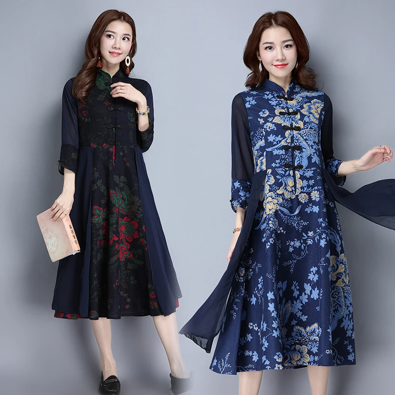 Китайский Стиль леди Qipao Robe Одежда Новый Демисезонный Для женщин Цветочный принт