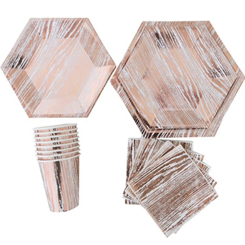 

16SET Rose Gold Series Paper Cups Plates Napkins Tableware Modern Hexagon Design Cake Table Wedding Birthday Party Decor