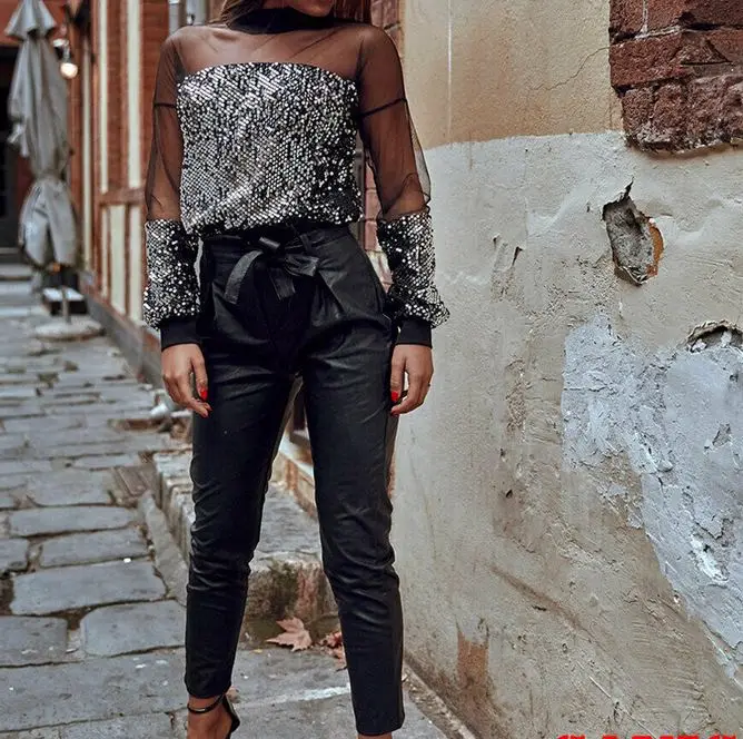 Fashion Sexy Women Gauze Mesh See Through Long Sleeve Paillette Bottoming Shirt | Женская одежда