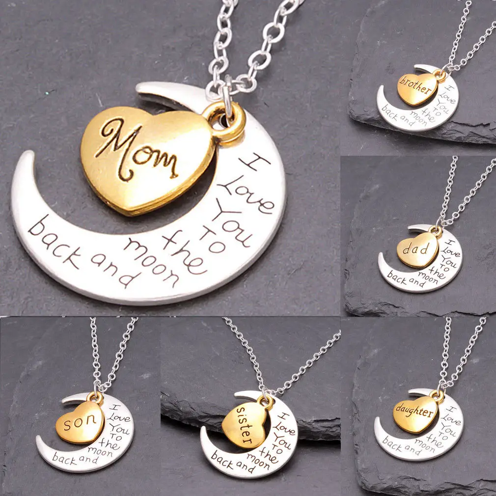 Мода требнди унисекс женщина мужчины I Love You To The Moon Back Семья Сердце Ожерелье