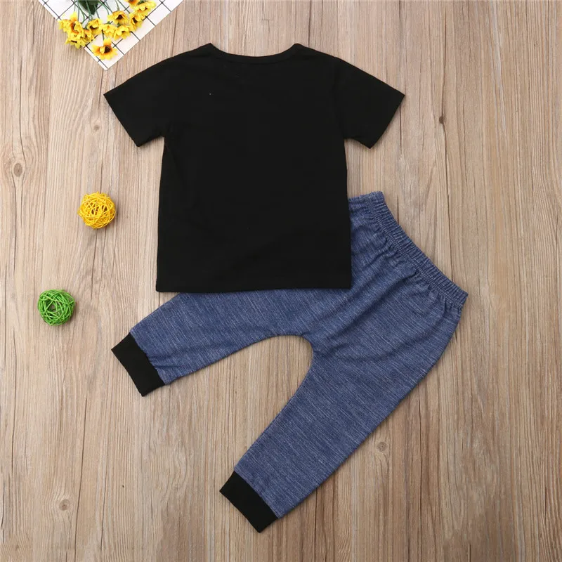 2-6T 2019 Boys Clothes Set Black Short Sleeve Tshirt Letter Print T-Shirts Tops Blue Knit Long Pants Outfits For Kids Girls | Детская