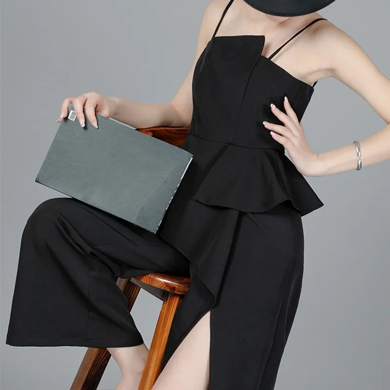 TWOTWINSTYLE Summer Sleeveless Slim Jumpsuit For Women High Waist Irregular Ruffles Split Chiffon Wide Leg Pants Female New 2020 | Женская