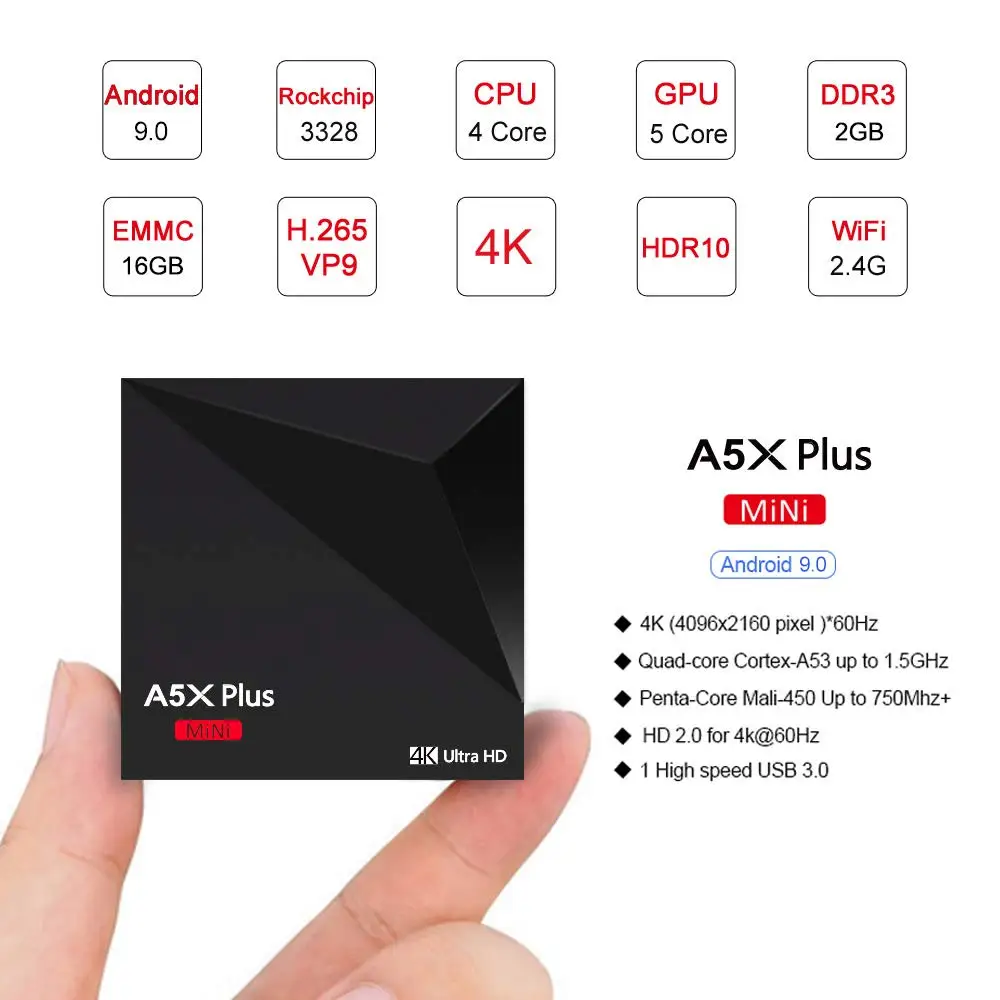 A5X плюс Мини Смарт Android 8 1 ТВ приставка Rk3328 Четырехъядерный 4K Vp9 H.265 Hdr10 Usb3.0 2G/16G ПК Dlna