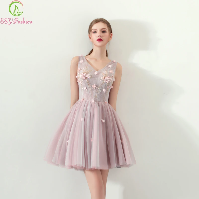 Женское коктейльное платье SSYFashion розовое кружевное ТРАПЕЦИЕВИДНОЕ ПЛАТЬЕ с