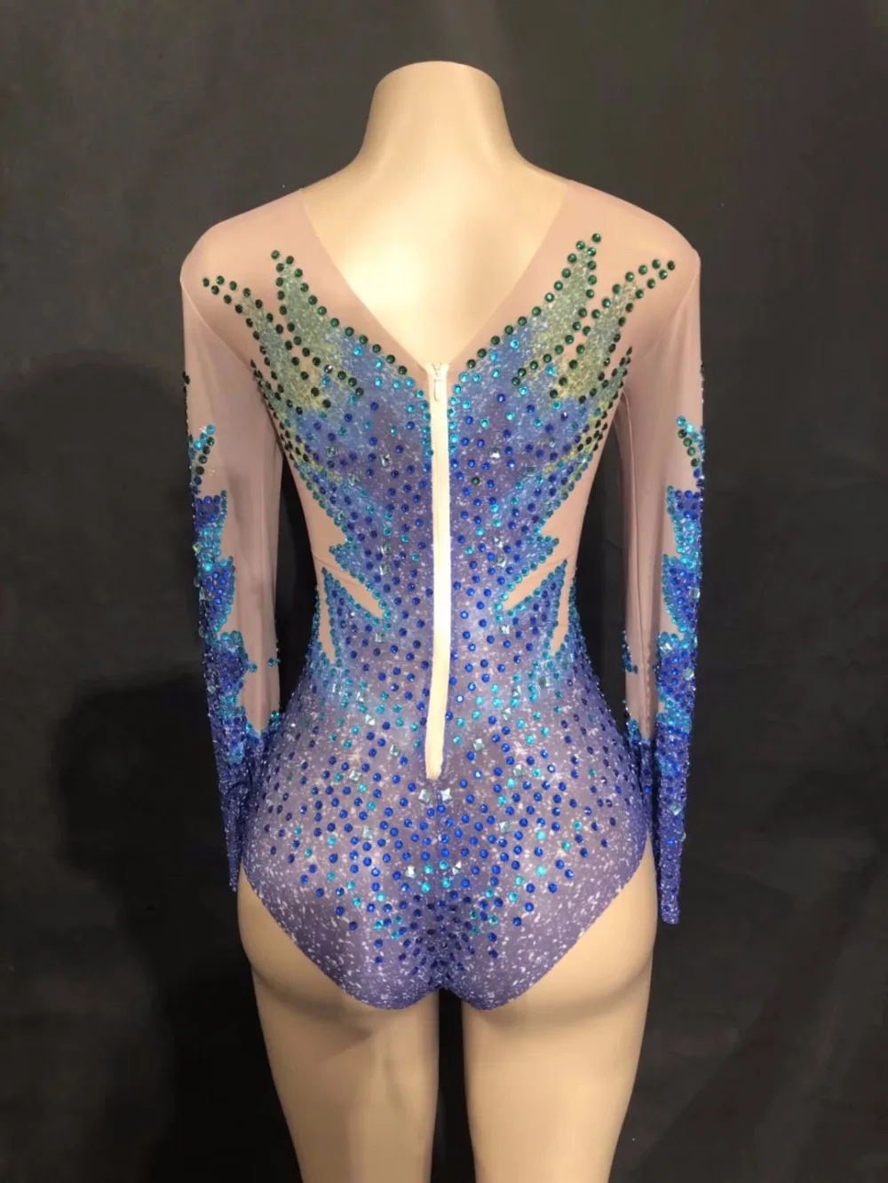 New Woman Sparkly Rhinestones Mesh Bodysuit Party Sexy Costume Dance Show Nightclub Female Singer Wear See Through Bodysuits