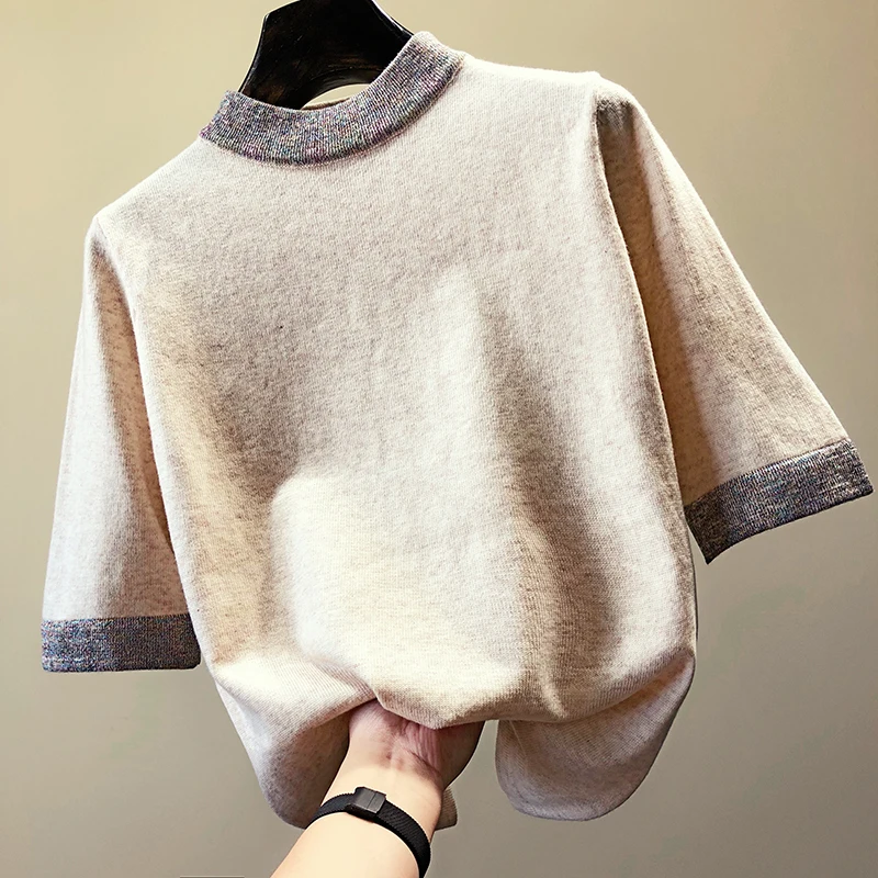 Shiny Lurex Sweater Women Hot Sale Short Sleeve Pullover Basic Sweaters 2019 Korean Style Knit Tops Femme | Женская одежда