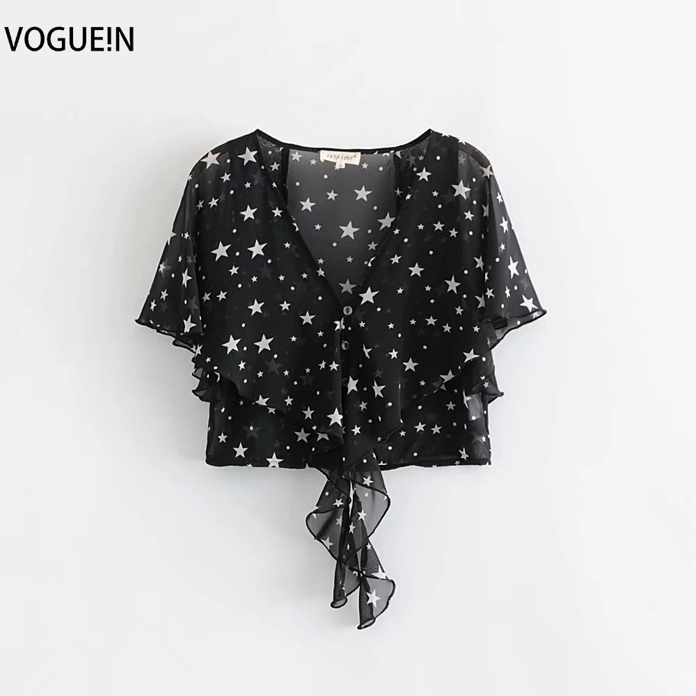 Женская короткая блузка VOGUEIN черная шифоновая с v образным вырезом и принтом