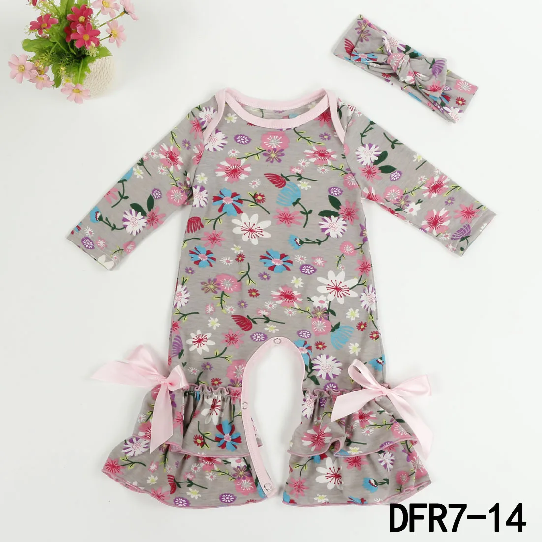

Baby Girls Romper Kids Flower Printed Ruffle Cotton Onesies with Headband Toddler Girls Jumpsuit