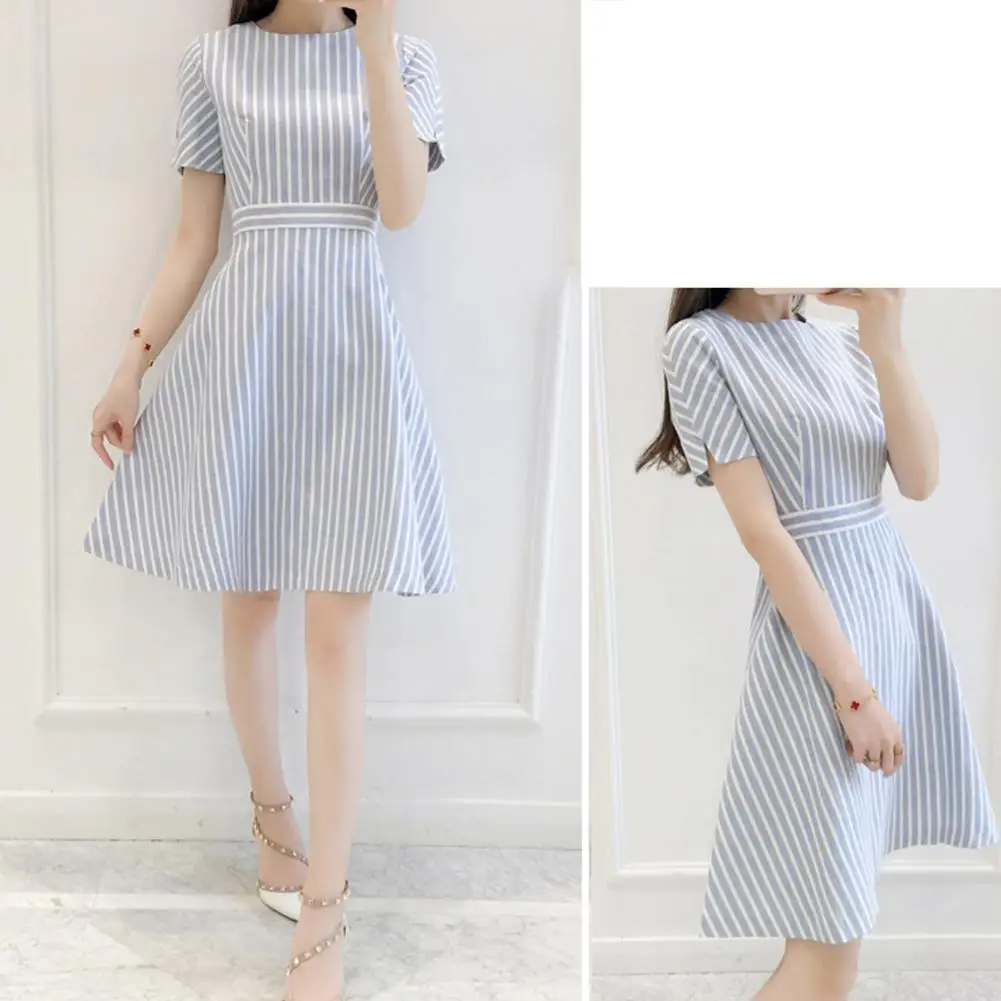 

MISSKY Women Summer Dress Fashion Elegant Round Neck Short Sleeve Stripe A-line Dress Female Clothes