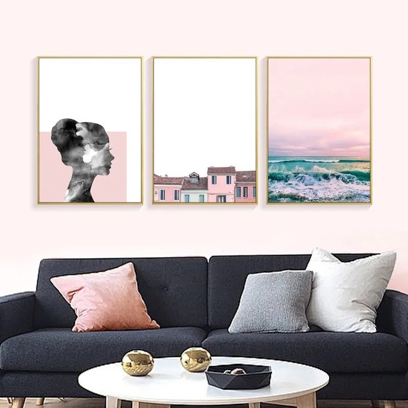 SURE LIFE Ins Nordic Landscape Pink Abstract Face Canvas Paintings Poster and Print Pop Wall Art Pictures Living Room Home Decor | Дом и сад
