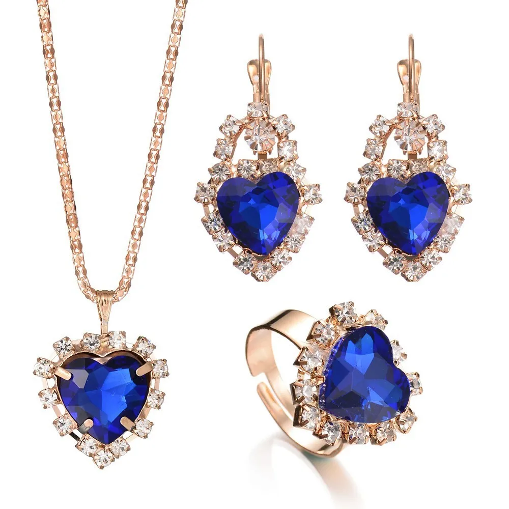 women wedding heart High File Crystal Pendeloque Cut Clavicle Necklace Earrings Ring 3pc Suit Marry Bride Accessories Jewelry |