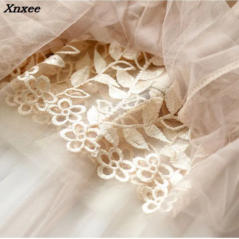 

Summer skirt elegant fashion tulle long pleated skirt floral embroidery a-line lace mesh skirt women clothing new Xnxee