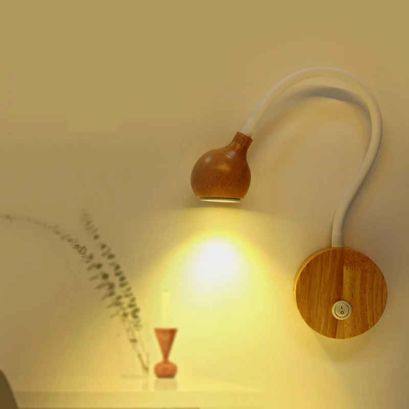 Скандинавская деревянная настенная лампа гибкая прикроватная Светодиодная для