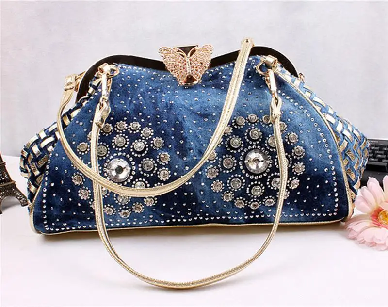 

Elegant Rhinestones Women Handbag Clutch Bag For Evening Party Chic Butterfly Decoration Ladies Denim Fireworks Shoulder Bag