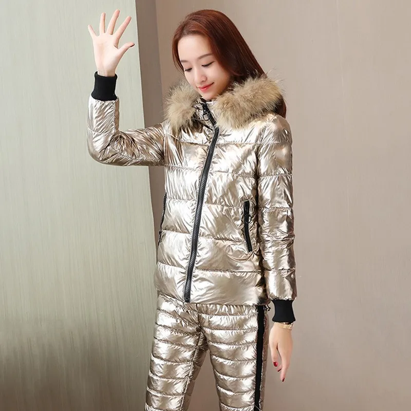 New Silver Bright Women Winter 2 Piece Sets Real Fur Collar Hooded Wadded Coat+pants Suit Down Cotton Warm Trousers Mujer PJ329