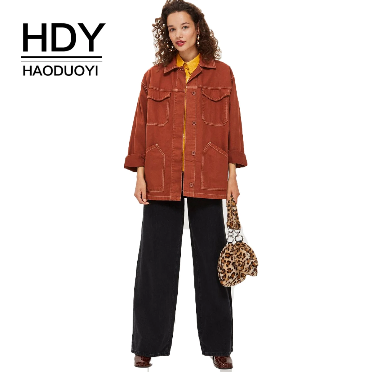 Куртка с отворотом HDY Haoduoyi однотонная Осенняя уличная куртка накладным карманом