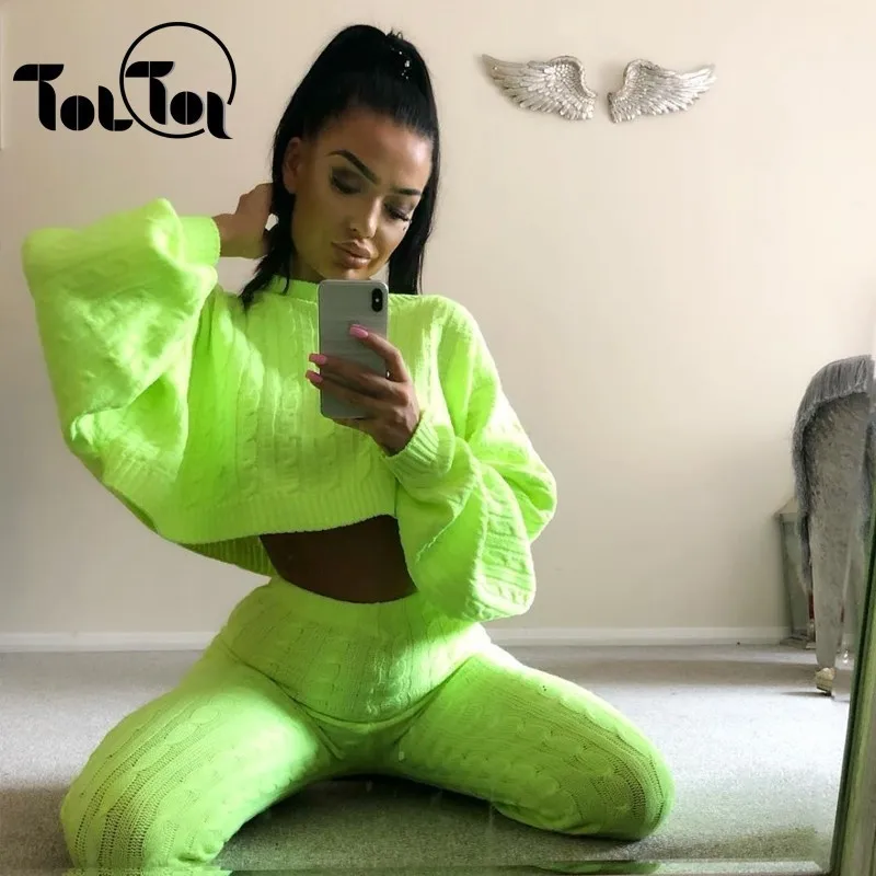 Зеленые Сексуальные Хлопковые вязаные женские костюмы из двух предметов