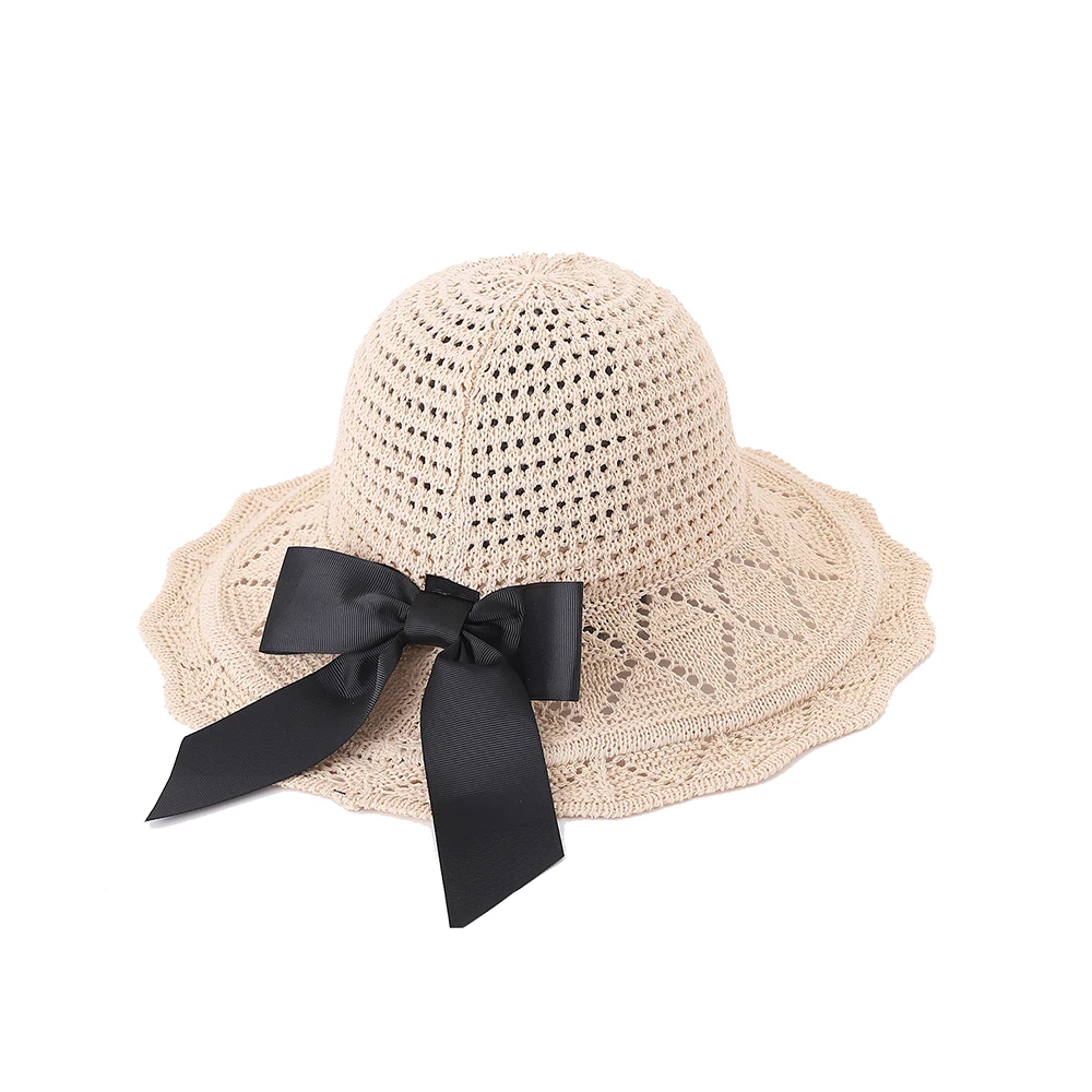 

Bow Sunscreen Sun Hat 2019 Summer Women Big Cotton Knit Caps Wild Beach Cap Foldable Hollow Girls Lady Casual Hats Harajuku 2019