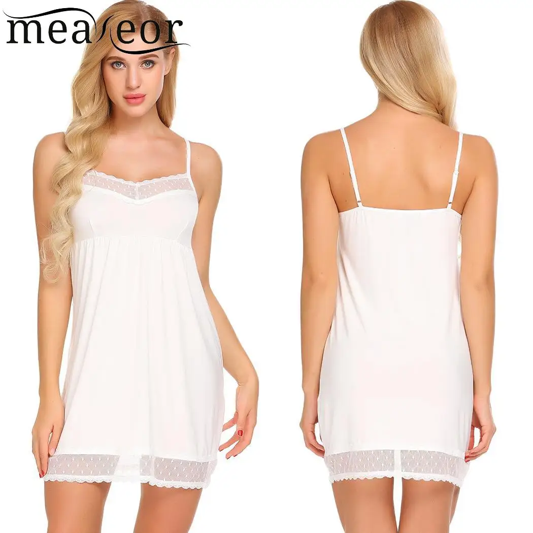 Meaneor Lace Trim Women Sleepwear Chemise Nightgown Slip Lingerie Dress Solid Strappy Sleep V Neck Summer Nightwear |