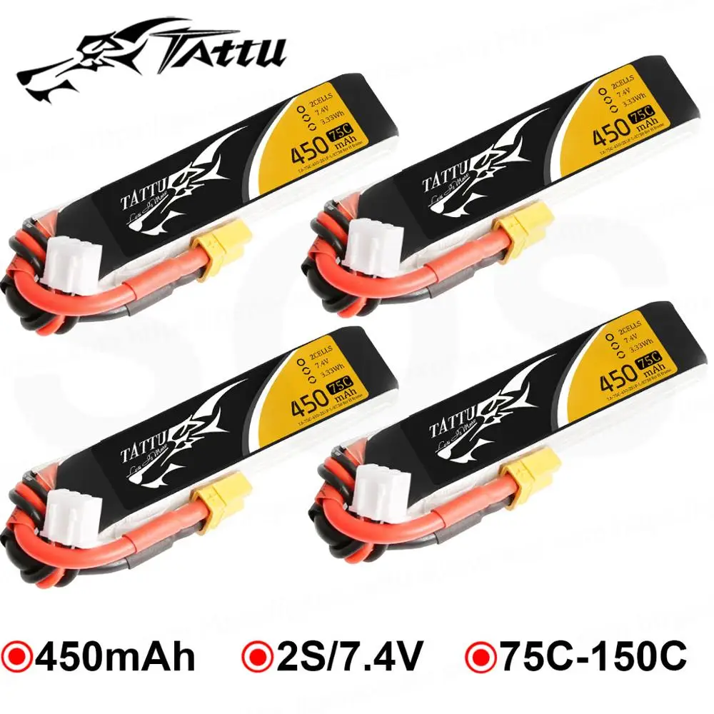 

4 шт., литий-полимерные батарейки Tattu 7,4 В, 450 мАч, 75C-150C, 2S, с разъемом XT30, батарейки для 120 размера FPV, для гоночного дрона