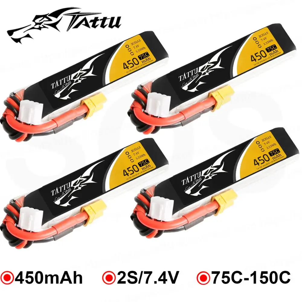 4 шт. литий полимерные батарейки Tattu 7 В 450 мАч 75C 150C 2S с разъемом XT30 для 120 размера FPV