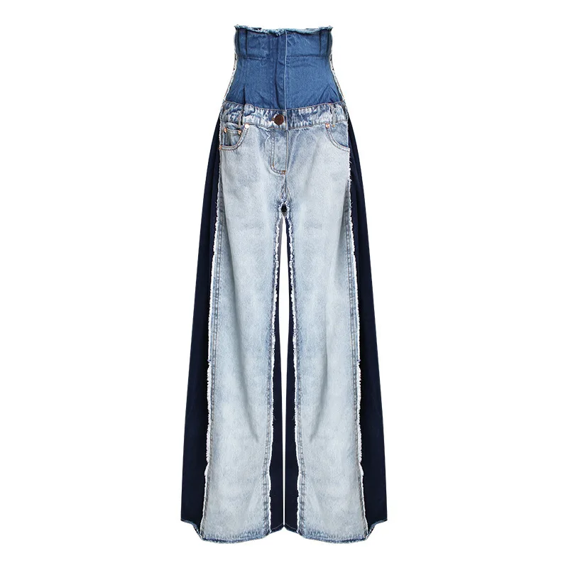SeeBeautiful New Fashion 2020 Autumn Hit Color Jeans Splice Super High Waist Trousers Button Wide Leg Denim Pants Women Y805