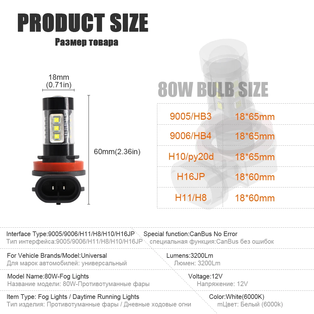 2x Led CanBus H8 H11 Автомобильная противотуманная фара 9005 HB3 9006 HB4 сигнальная лампа