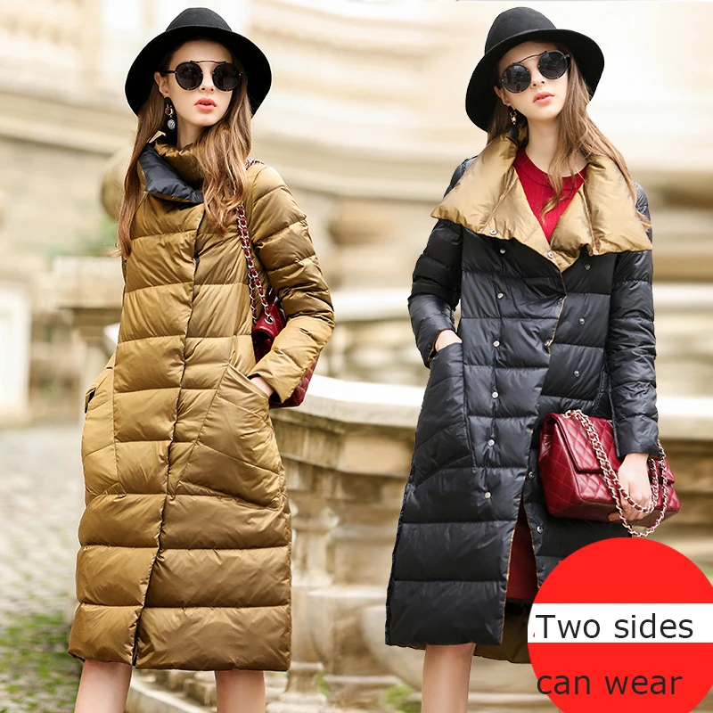 2018 Winter New Plus size Long down jacket Women Fashion Two sides can wear Loose white duck down coat female parka  lj313