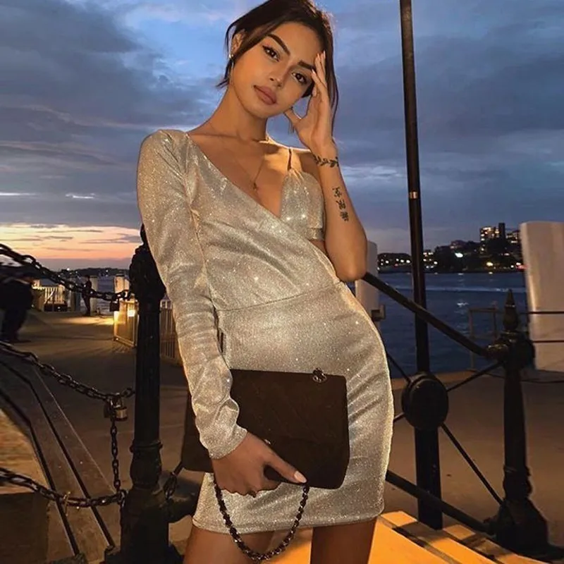 Женские вечерние платья на одно плечо Fuedage Клубная одежда с блестками элегантное